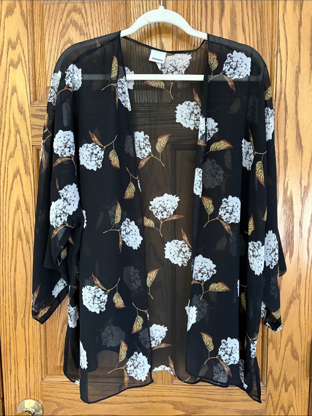 Sonoma Black Sheer Floral Kimono with White Blooms